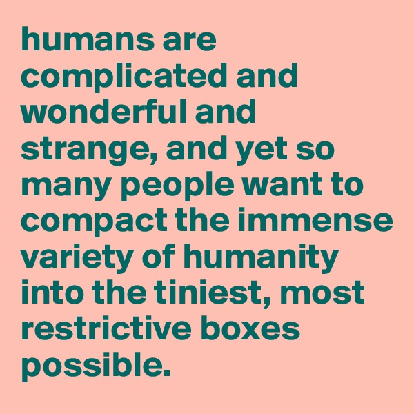 humans are complicated and wonderful and strange, and yet so many people want to compact the immense variety of humanity into the tiniest, most restrictive boxes possible.