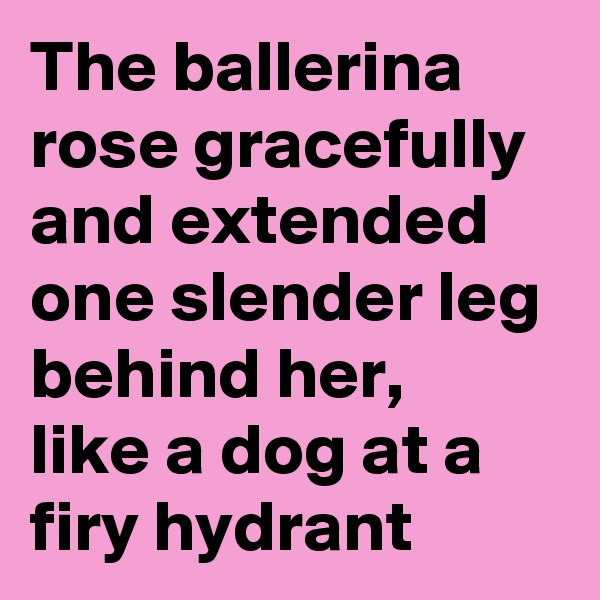 The ballerina rose gracefully and extended one slender leg behind her,
like a dog at a firy hydrant