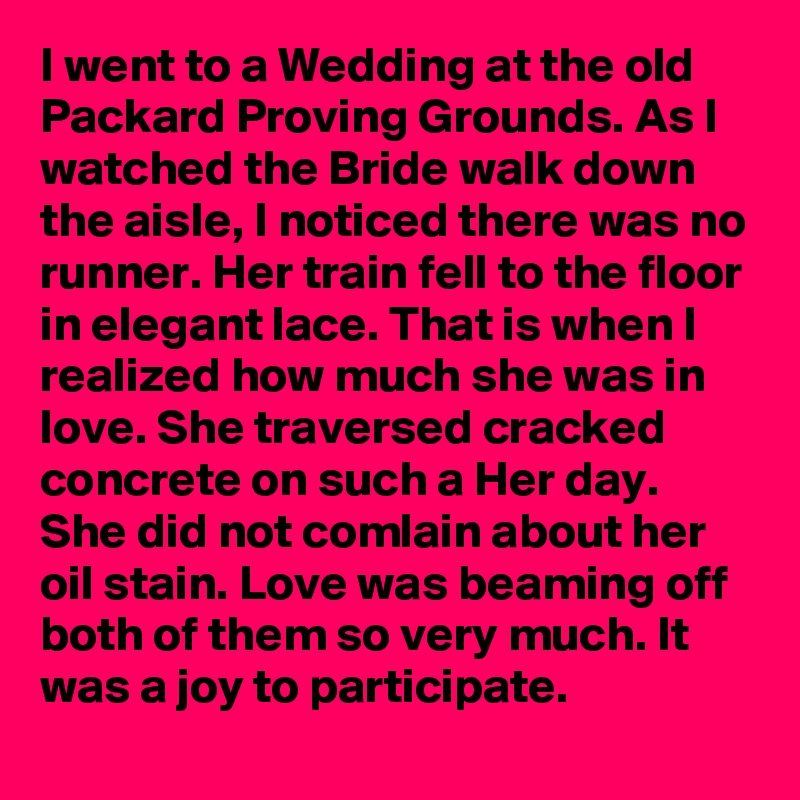 I went to a Wedding at the old Packard Proving Grounds. As I watched the Bride walk down the aisle, I noticed there was no runner. Her train fell to the floor in elegant lace. That is when I realized how much she was in love. She traversed cracked concrete on such a Her day. She did not comlain about her oil stain. Love was beaming off both of them so very much. It was a joy to participate.