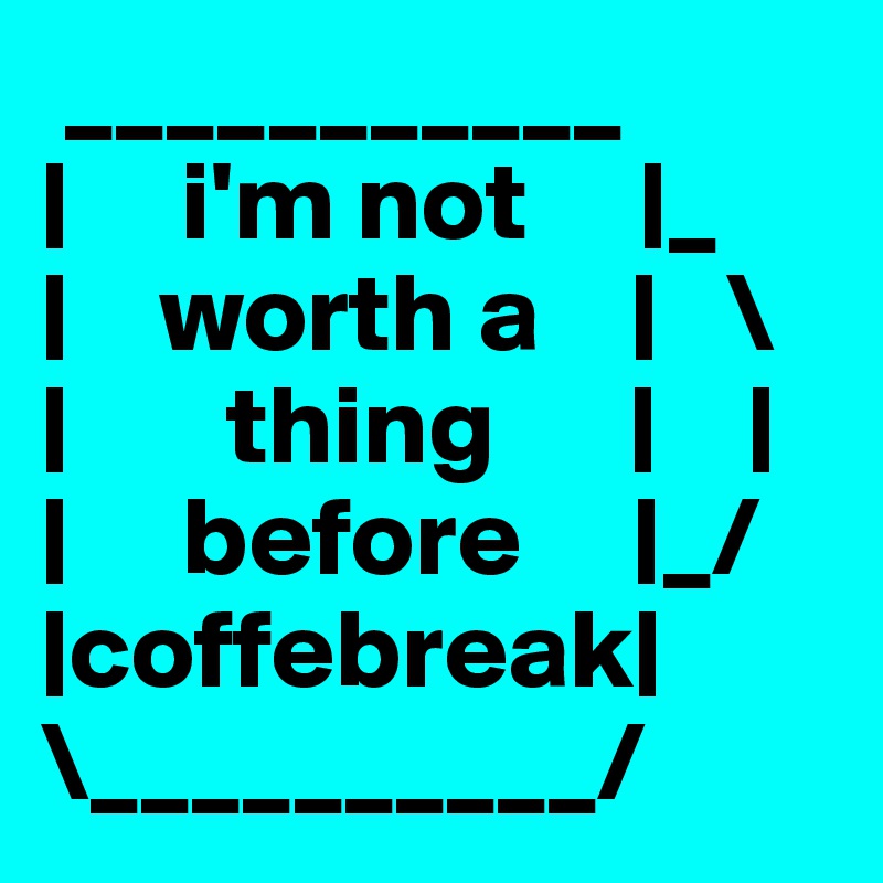  ___________
|     i'm not     |_
|    worth a    |   \
|       thing      |    |
|     before     |_/
|coffebreak|
\__________/