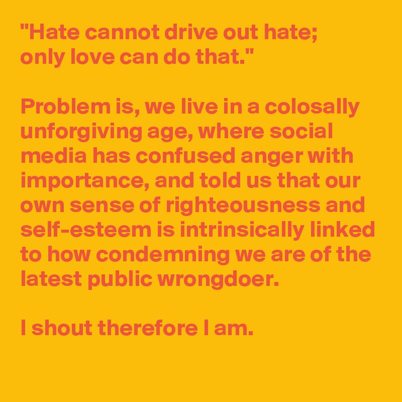"Hate cannot drive out hate; 
only love can do that." 

Problem is, we live in a colosally unforgiving age, where social media has confused anger with importance, and told us that our own sense of righteousness and self-esteem is intrinsically linked to how condemning we are of the latest public wrongdoer. 

I shout therefore I am.
