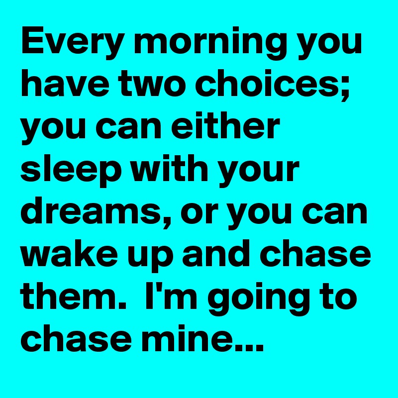 Every morning you have two choices; you can either sleep with your dreams, or you can wake up and chase them.  I'm going to chase mine...