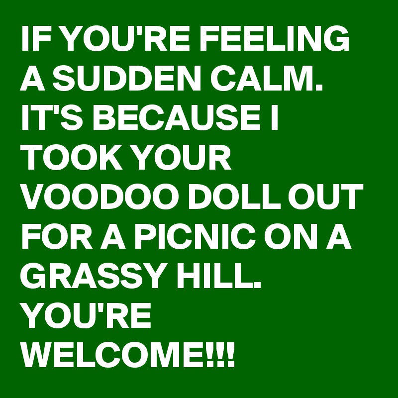 IF YOU'RE FEELING A SUDDEN CALM. IT'S BECAUSE I TOOK YOUR VOODOO DOLL OUT FOR A PICNIC ON A GRASSY HILL.          YOU'RE WELCOME!!!