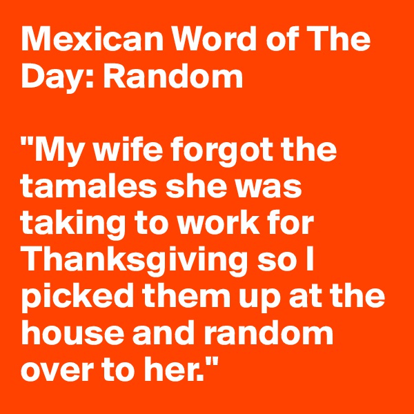 Mexican Word of The Day: Random

"My wife forgot the tamales she was taking to work for Thanksgiving so I picked them up at the house and random over to her."