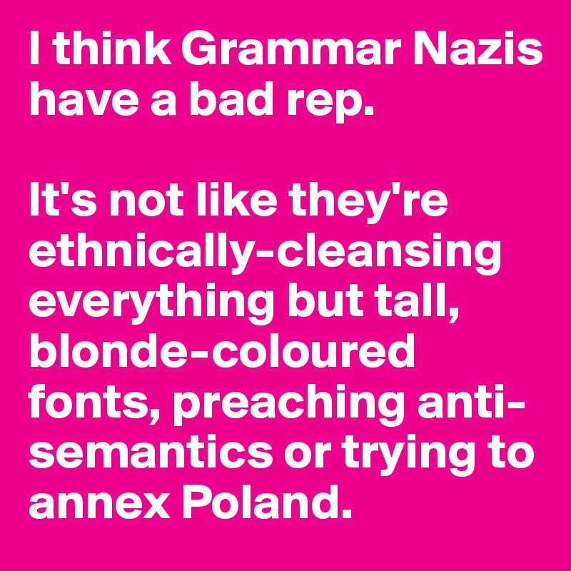 I think Grammar Nazis have a bad rep. 

It's not like they're ethnically-cleansing everything but tall, blonde-coloured fonts, preaching anti-semantics or trying to annex Poland. 