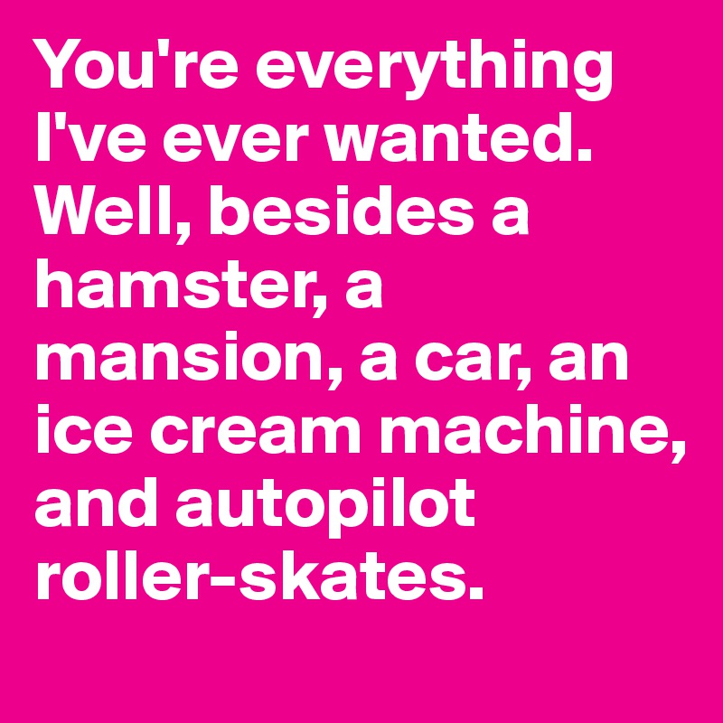 You're everything I've ever wanted. Well, besides a hamster, a mansion, a car, an ice cream machine, and autopilot roller-skates.
