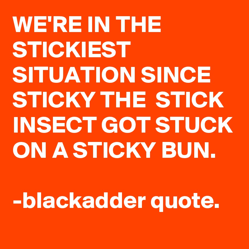 WE'RE IN THE STICKIEST SITUATION SINCE STICKY THE  STICK INSECT GOT STUCK ON A STICKY BUN.

-blackadder quote.