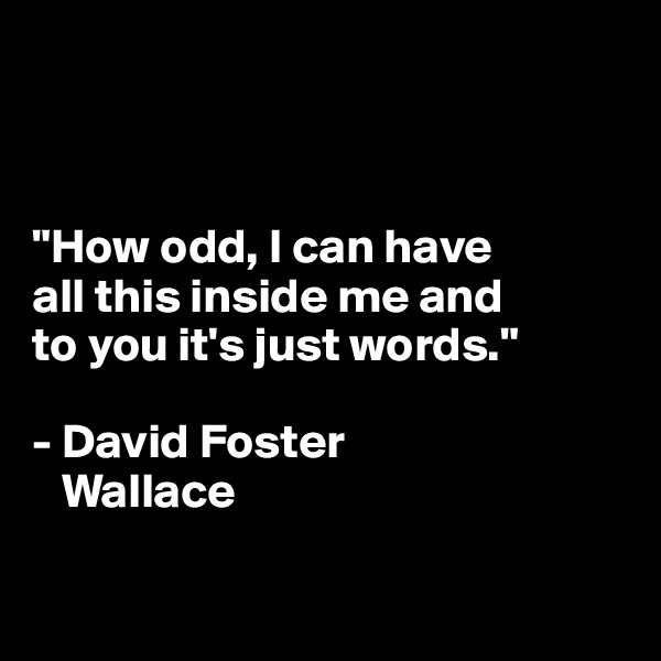



"How odd, I can have 
all this inside me and 
to you it's just words."

- David Foster
   Wallace

