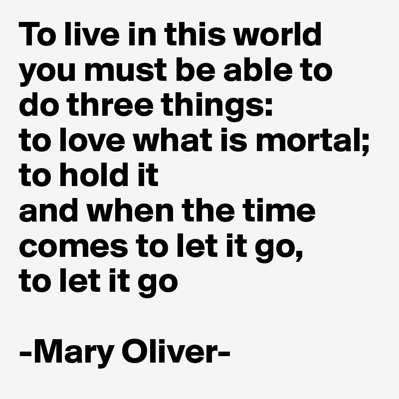 To live in this world you must be able to do three things:
to love what is mortal;
to hold it
and when the time comes to let it go, 
to let it go

-Mary Oliver-
