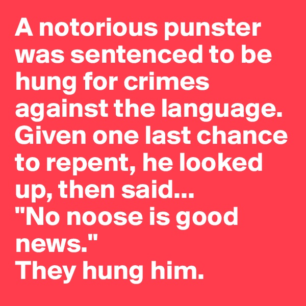 A notorious punster was sentenced to be hung for crimes against the language. Given one last chance to repent, he looked up, then said...
"No noose is good news." 
They hung him.
