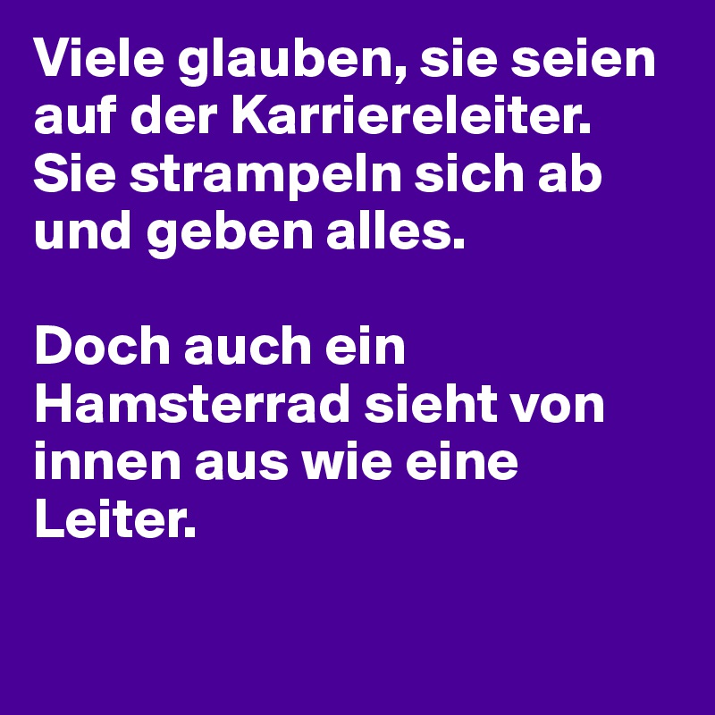 Viele glauben, sie seien auf der Karriereleiter. Sie strampeln sich ab und geben alles.

Doch auch ein Hamsterrad sieht von innen aus wie eine Leiter.

