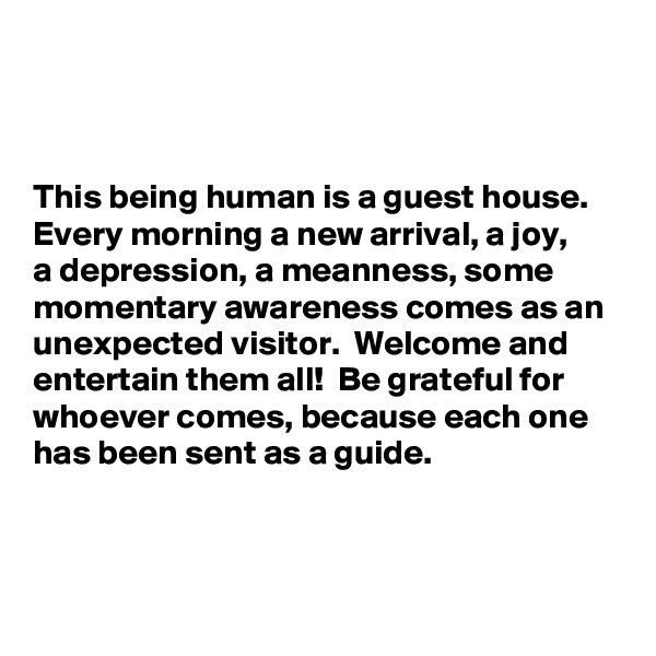 



This being human is a guest house.
Every morning a new arrival, a joy, 
a depression, a meanness, some momentary awareness comes as an unexpected visitor.  Welcome and entertain them all!  Be grateful for whoever comes, because each one 
has been sent as a guide. 



