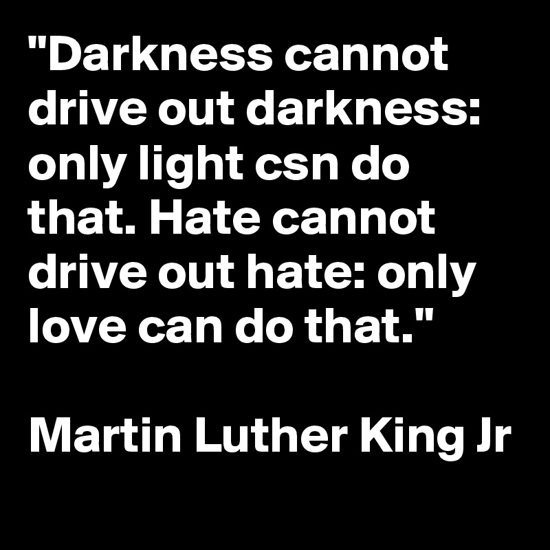 "Darkness cannot drive out darkness: only light csn do that. Hate cannot drive out hate: only love can do that."

Martin Luther King Jr