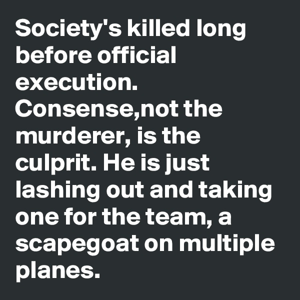 Society's killed long before official execution.
Consense,not the murderer, is the culprit. He is just lashing out and taking one for the team, a scapegoat on multiple planes.