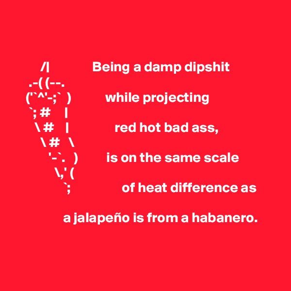 


         /|               Being a damp dipshit
     .-( (--.
    ('`^'-;`  )            while projecting 
     `; #     |
       \ #    |                red hot bad ass,
         \ #   \                
            '-`.   )          is on the same scale
              \,' (
                 `;                  of heat difference as 

                 a jalapeño is from a habanero.


