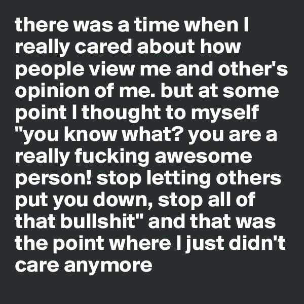 there was a time when I really cared about how people view me and other's opinion of me. but at some point I thought to myself "you know what? you are a really fucking awesome person! stop letting others put you down, stop all of that bullshit" and that was the point where I just didn't care anymore