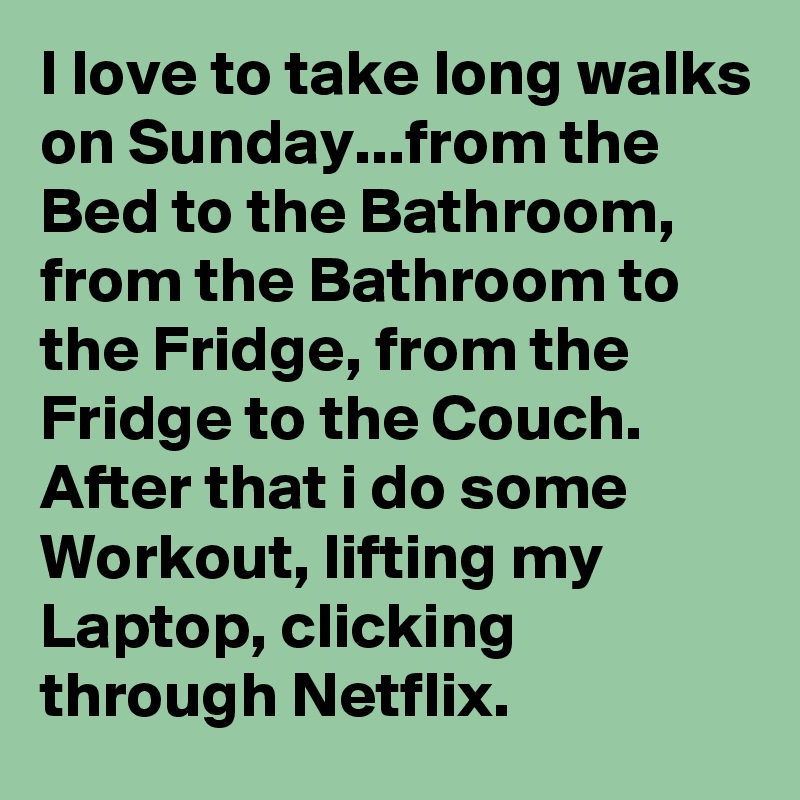 I love to take long walks on Sunday...from the Bed to the Bathroom, from the Bathroom to the Fridge, from the Fridge to the Couch. After that i do some Workout, lifting my Laptop, clicking through Netflix.