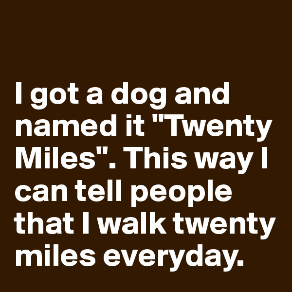 
 
I got a dog and named it "Twenty Miles". This way I can tell people that I walk twenty miles everyday.