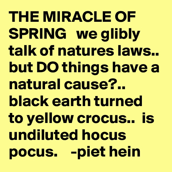 THE MIRACLE OF SPRING   we glibly talk of natures laws.. but DO things have a natural cause?..  black earth turned to yellow crocus..  is undiluted hocus pocus.    -piet hein
