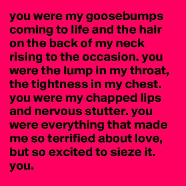 you were my goosebumps coming to life and the hair on the back of my neck rising to the occasion. you were the lump in my throat, the tightness in my chest. you were my chapped lips and nervous stutter. you were everything that made me so terrified about love, but so excited to sieze it. you.