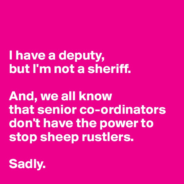 


I have a deputy, 
but I'm not a sheriff. 

And, we all know 
that senior co-ordinators don't have the power to stop sheep rustlers.

Sadly. 