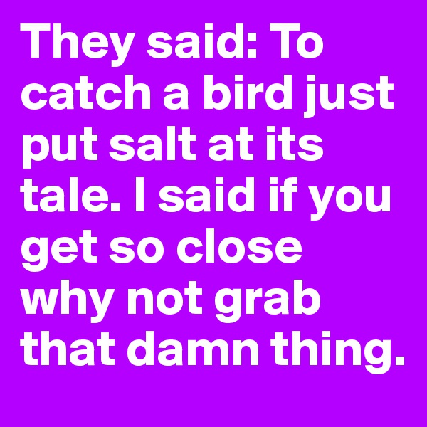 They said: To catch a bird just put salt at its tale. I said if you get so close why not grab that damn thing.