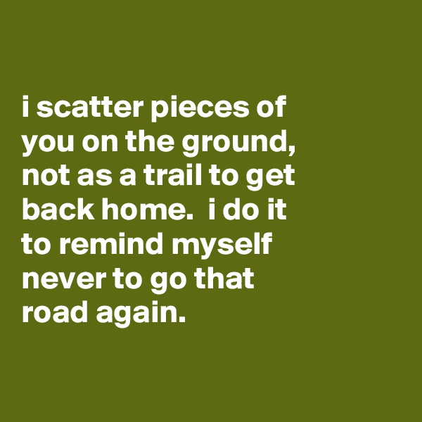 

i scatter pieces of
you on the ground,
not as a trail to get
back home.  i do it
to remind myself
never to go that
road again.

