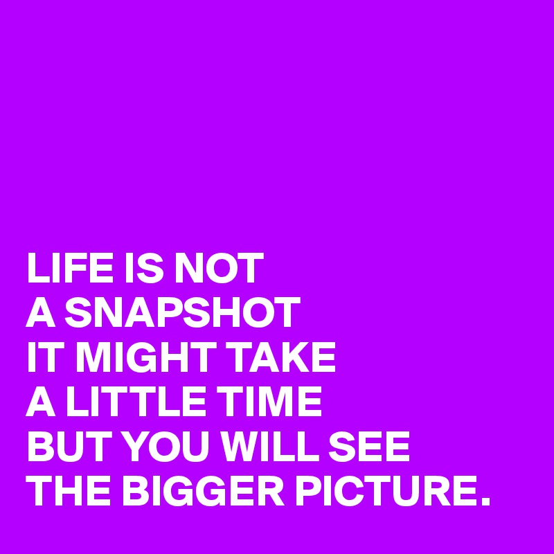 




LIFE IS NOT
A SNAPSHOT
IT MIGHT TAKE 
A LITTLE TIME
BUT YOU WILL SEE 
THE BIGGER PICTURE. 