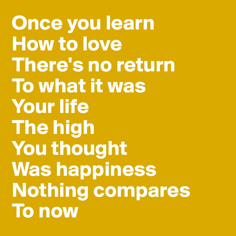 Once you learn
How to love
There's no return
To what it was
Your life
The high
You thought
Was happiness
Nothing compares
To now