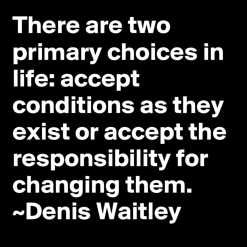 There are two primary choices in life: accept conditions as they exist or accept the responsibility for changing them.
~Denis Waitley