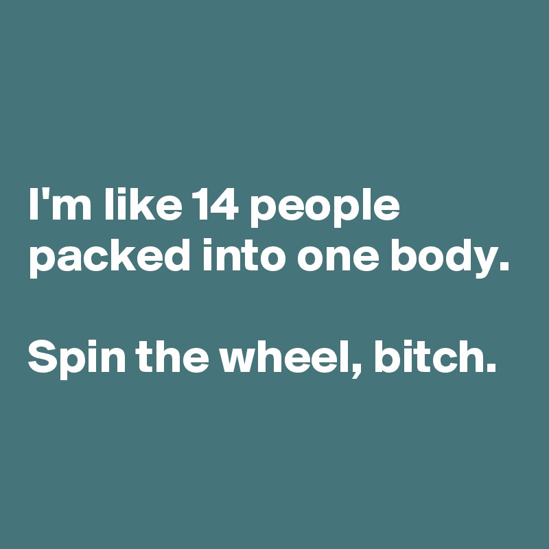 


I'm like 14 people packed into one body.

Spin the wheel, bitch.


