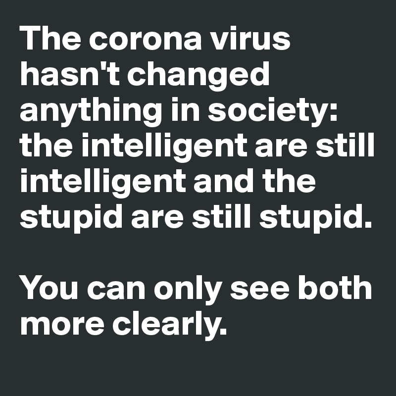 The corona virus hasn't changed anything in society: the intelligent are still intelligent and the stupid are still stupid.

You can only see both more clearly.