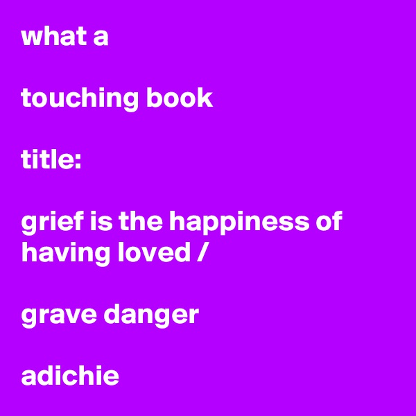 what a

touching book

title:

grief is the happiness of having loved /

grave danger

adichie