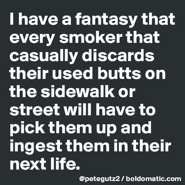 I have a fantasy that every smoker that casually discards their used butts on the sidewalk or street will have to pick them up and ingest them in their next life.