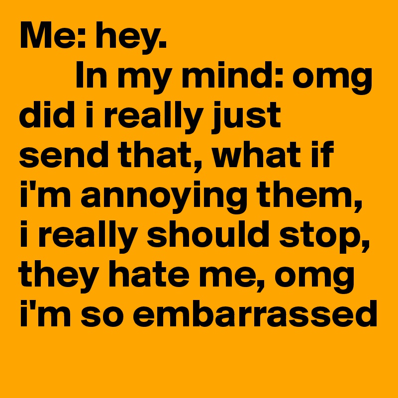 Me: hey. 
       In my mind: omg did i really just send that, what if i'm annoying them, i really should stop, they hate me, omg i'm so embarrassed