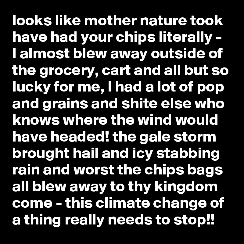 looks like mother nature took have had your chips literally - I almost blew away outside of the grocery, cart and all but so lucky for me, I had a lot of pop and grains and shite else who knows where the wind would have headed! the gale storm brought hail and icy stabbing rain and worst the chips bags all blew away to thy kingdom come - this climate change of a thing really needs to stop!!
