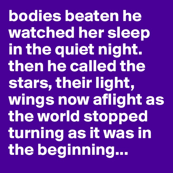 bodies beaten he watched her sleep in the quiet night. then he called the stars, their light,  wings now aflight as the world stopped turning as it was in the beginning...