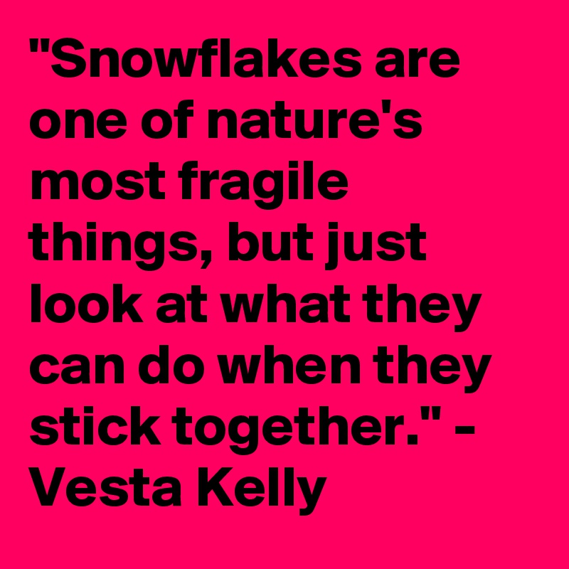 "Snowflakes are one of nature's most fragile things, but just look at what they can do when they stick together." - Vesta Kelly