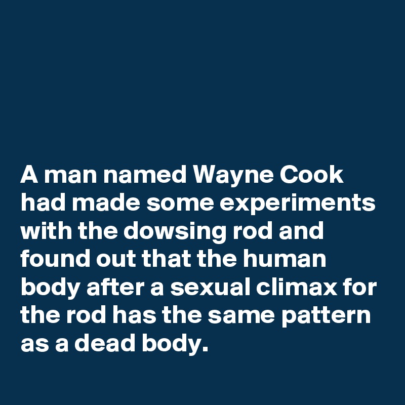 




A man named Wayne Cook had made some experiments with the dowsing rod and found out that the human body after a sexual climax for the rod has the same pattern as a dead body. 