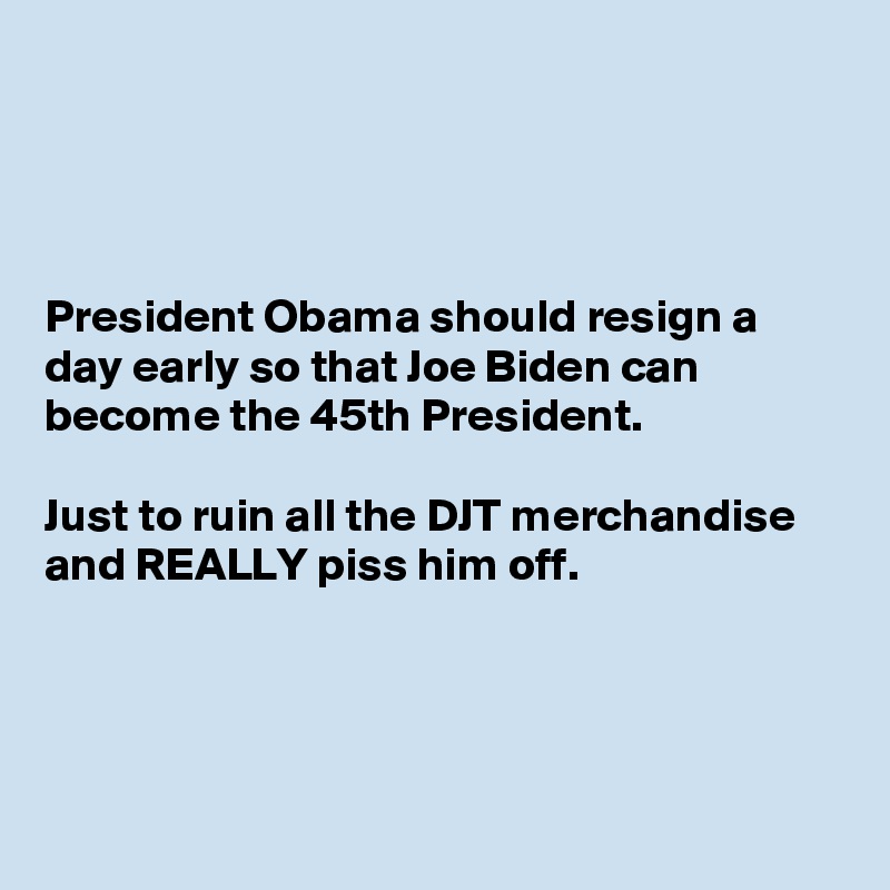 




President Obama should resign a day early so that Joe Biden can become the 45th President.

Just to ruin all the DJT merchandise and REALLY piss him off.




