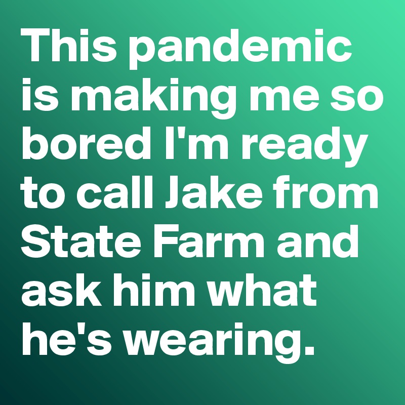 This pandemic is making me so bored I'm ready to call Jake from State Farm and ask him what he's wearing. 