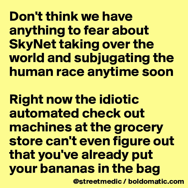 Don't think we have anything to fear about SkyNet taking over the world and subjugating the human race anytime soon

Right now the idiotic automated check out machines at the grocery store can't even figure out that you've already put your bananas in the bag