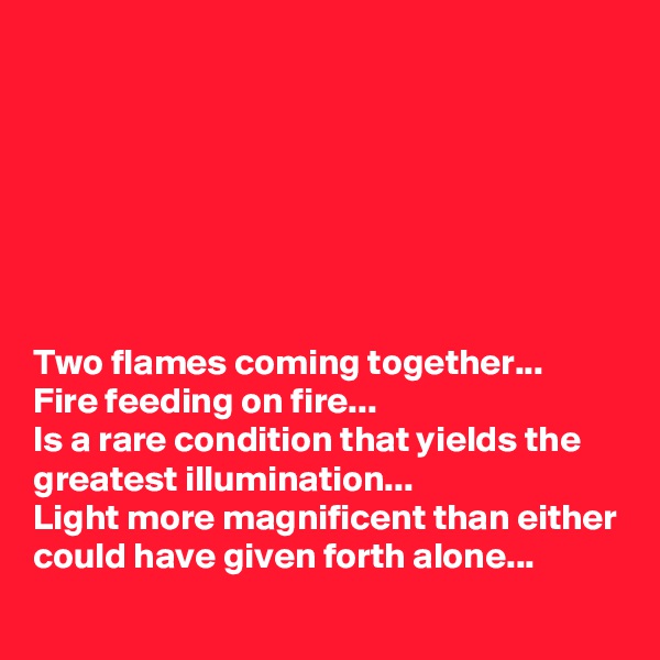 







Two flames coming together...
Fire feeding on fire...
Is a rare condition that yields the greatest illumination...
Light more magnificent than either could have given forth alone...