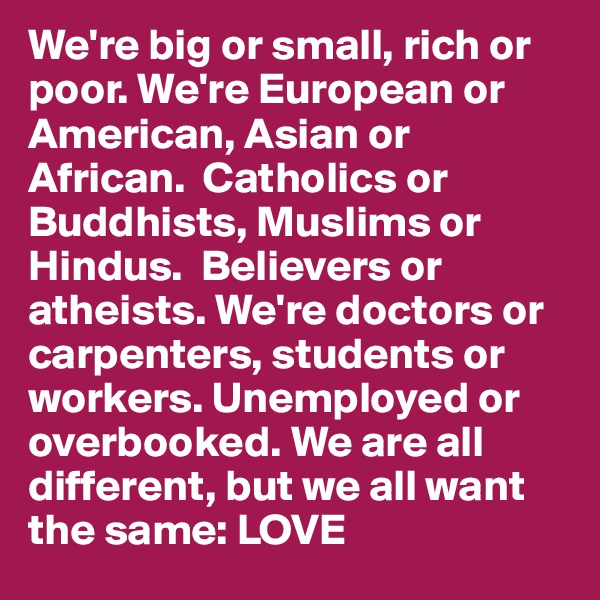 We're big or small, rich or poor. We're European or American, Asian or African.  Catholics or Buddhists, Muslims or Hindus.  Believers or atheists. We're doctors or carpenters, students or workers. Unemployed or overbooked. We are all different, but we all want the same: LOVE
