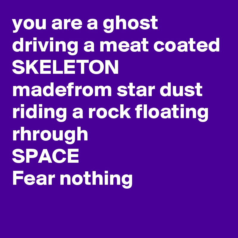 you are a ghost driving a meat coated 
SKELETON madefrom star dust riding a rock floating rhrough
SPACE
Fear nothing 
