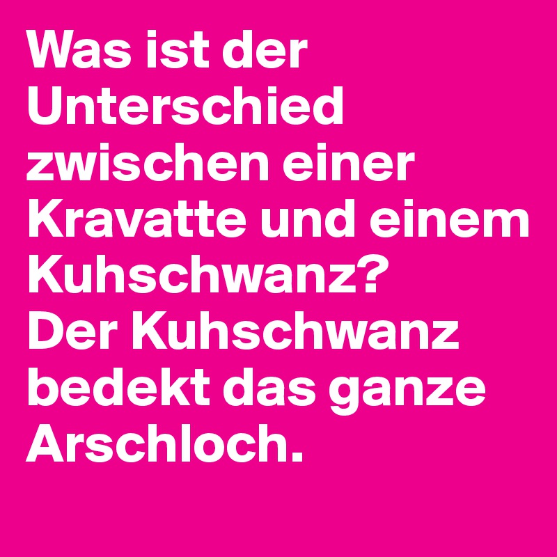 Was ist der Unterschied zwischen einer Kravatte und einem Kuhschwanz? 
Der Kuhschwanz bedekt das ganze Arschloch.