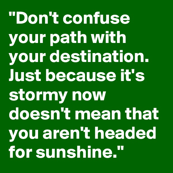 "Don't confuse your path with your destination. Just because it's stormy now doesn't mean that you aren't headed for sunshine."