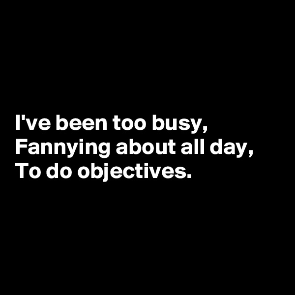 



I've been too busy,
Fannying about all day,
To do objectives.



