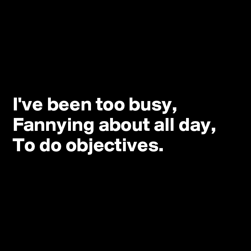 



I've been too busy,
Fannying about all day,
To do objectives.



