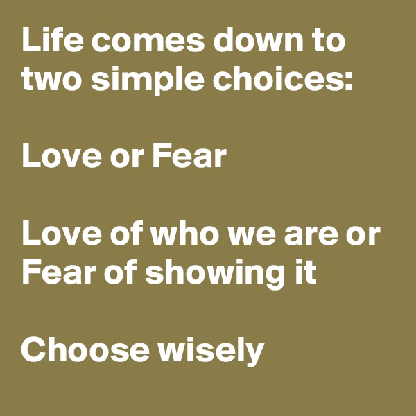 Life comes down to two simple choices:

Love or Fear

Love of who we are or 
Fear of showing it

Choose wisely
